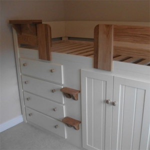 4 Drawer Kids Cabin Bed in Cream with Solid Oak Front Rails, Steps & Knobs