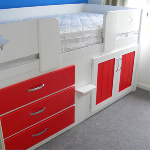 3 Drawer Kids Cabin Bed White and Ferrari Red with Shiny Chrome Dimple Knobs