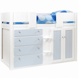 4 Drawer Kids Cabin Bed White and Sky Blue with Plain Front Rails
