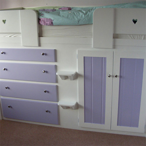 4 Drawer Girls Cabin Bed in White and Lilac with Heart Front Rails