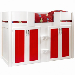 4 Door Boys Cabin Bed in White and Ferrari Red with Plain Front Rails