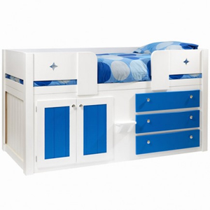 3 Drawer Boys Cabin Bed in White and Royal Blue with Star Front Rails and Polished Chrome Knobs