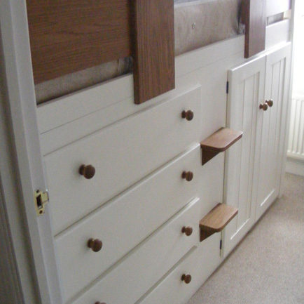 4 Drawer Kids Cabin Bed White with Steps & Solid Oak Front Rail