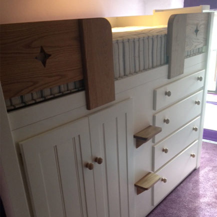4 Drawer White Cabin Bed With Solid Oak Rails And Steps