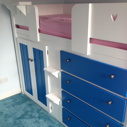 4 Drawer White Cabin Bed with Royal Blue Drawers and Wardrobe Doors