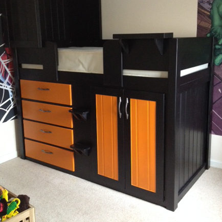 Black 4 Drawer Bed with Orange Drawers and Wardrobe Doors