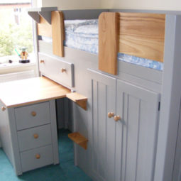 Grey Cabin Bed with Pull Out Dressing Table with Solid Oak Rails and Steps