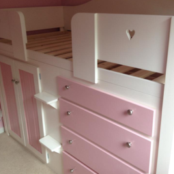 White & Princess Pink 4 Drawer Cabin Bed with Heart Plinth