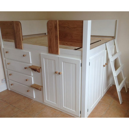 4ft 6 Cabin Bed in White and Solid Oak with Ladder