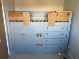 4 drawer Cabin Bed in manor house grey with solid oak rails/steps and plain doors