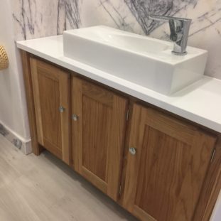 Countertop Vanity Unit in Solid Oak with An Oiled Finish White Quartz Top