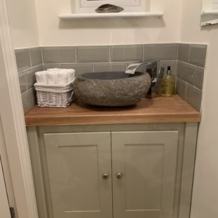 Countertop Vanity Unit in Mizzle with An Oiled Solid Oak Top