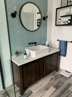 Countertop Vanity Unit in Woodstained Solid Oak with A White Quartz